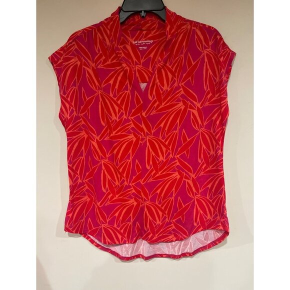 Soft Surroundings Petite Medium Red/Purple/Orange Tropical Print Cap-Sleeve Shir - Picture 1 of 5